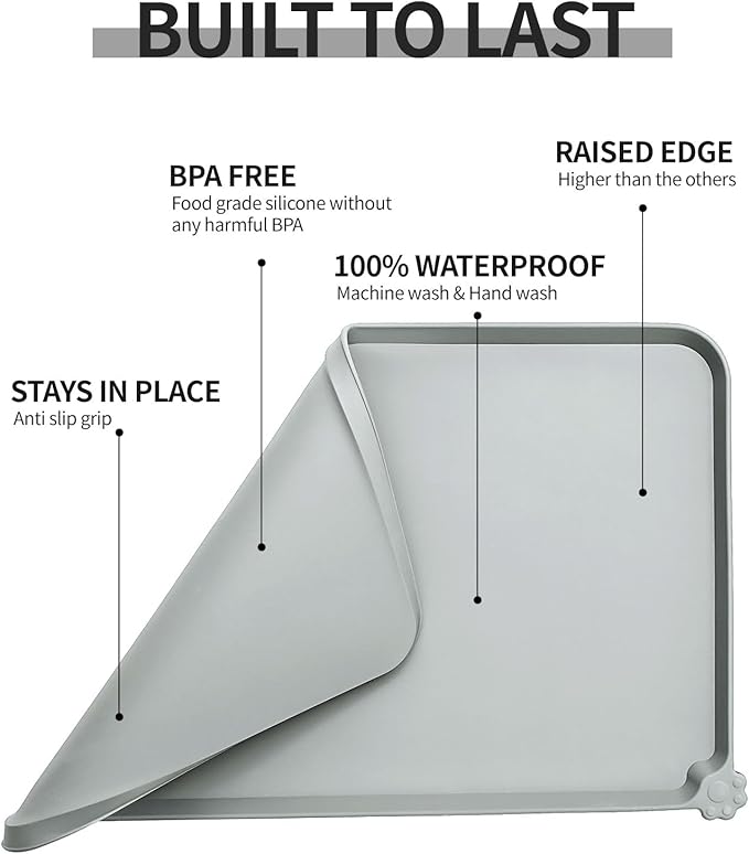 Reopet Waterproof Pet Feeding Mat, Non-Slip Silicone Placemats for Dog Cat Food and Water Bowl, High Raised Edges to Prevent Spills and Protect Floors