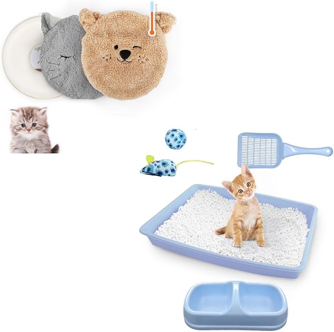 Blue Cat Litter Box Set, Small Cat Kitten Starter Kit with Litter Scoop, Cat Bowl, Kittens Toy; Heated Cat Bed Indoor, Microwavable Heating Pads for Cats with 2 Cozy Covers
