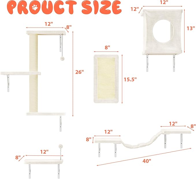 NUNU LAB Cat Wall Shelves Set, 5 Pcs Wall-Mounted Cat Climber with Cat House, Bridge, Scratching Post, Hammock, Wall Shelves, Beige