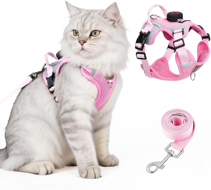 Cat Harness and Leash Set with Holder Compatible with AirTag, Escape Proof Kitten Harness with Lead for Small Cats, Soft Mesh Puppy Jacket Vest for Outdoor Walking, Reflective & Adjustable, Pink, S