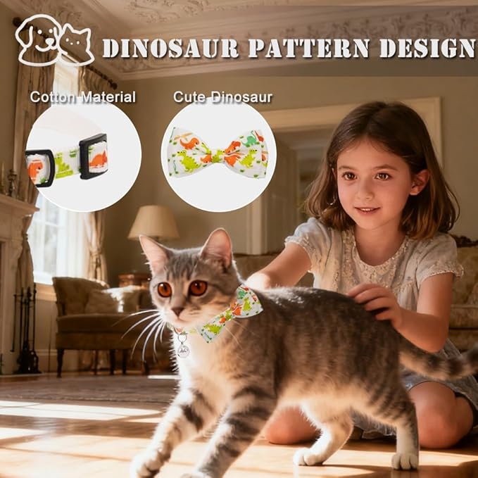 3 Pack Dinosaur Cat Collars with Bell Breakaway Safety Collar for Indoor Outdoor Cats - Soft Adjustable Cotton Kitten Collars with Cute Dino Design in Black, Navy, White