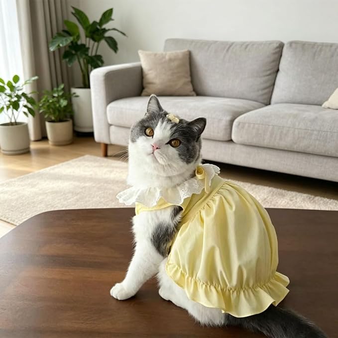 Pet Pumpkin Princess Dress for Small Dogs Cats, Breathable Polyester Lace Skirt, Adjustable Strap Sleeveless Puppy Kitten Outfit for Ragdoll Yorkie Maltese, Spring Summer Sweet Costume(Yellow, Small)