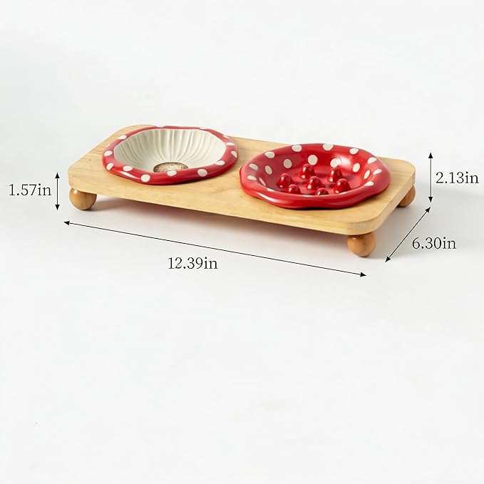 Ceramic Slow Feeders Cat Bowl Set with Wooden Stand, Elevated Pet Slow Dishes Protects Pet's Gut and Neck, Suitable for Kittens and Pubby to Eat Dry and Wet Food