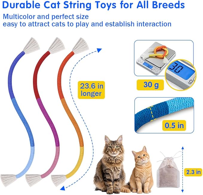 Retro Shaw Cat Toys Chew Ropes, 3Pcs, Kitten Toys for Indoor Cats with Refillable Natural Catnip, Safe Teeth Cleaning Chew Toys, Interactive Cat Nip String Kitty Toys (23.6 Inches)