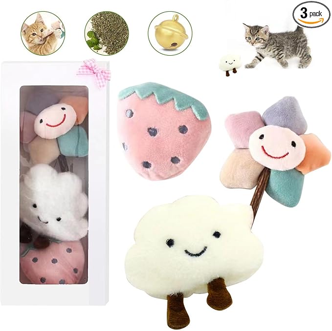 Kitten Chew Toys for Teething with Catnip – 3Pcs Bite Resistant Plush Cat Toys (Strawberry, Cloud Bell, Sunflower Stick)