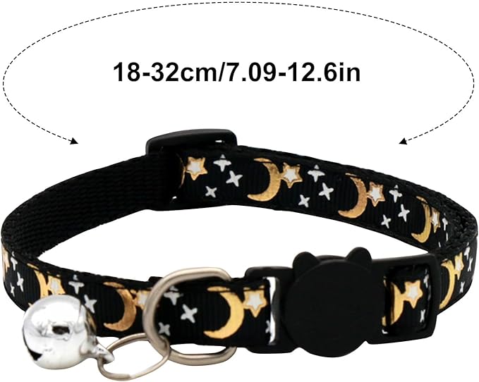 Adjustable Red Cat Collar with Moon and Star Design, Breakaway Buckle and Bell, Reflective for Night Visibility