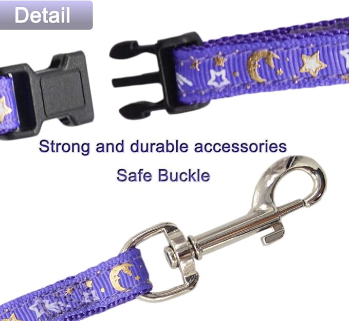 Cat Harness and Leash Set for Outdoor Walking Escape Proof Adjustable Soft Safety Strap with Golden Star and Moon Design Glow in The Dark Purple XL