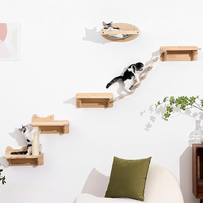 Cat Wall Shelves Scratching Bridge - Wall Mounted Shelves Floating Perches Scratcher Cat Bed Bridge Climber Hanging Stairs Holder for Indoor Cats Exercise