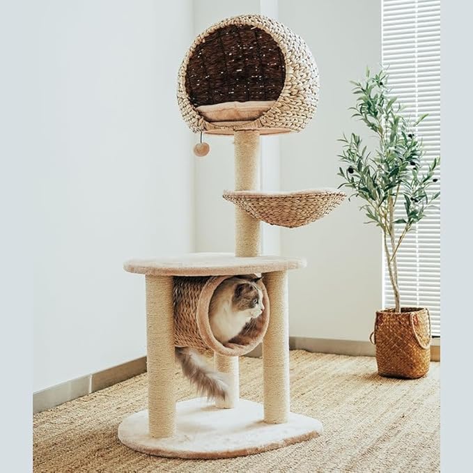 Happy & Polly 51" Rattan Cat Tree - Multi-Level Bird Nest Cat Tower for Indoor Cats, Cute Condo for Large Cats Easy to Assemble with Scratching Posts, Moder Cat Furniture Activity Center