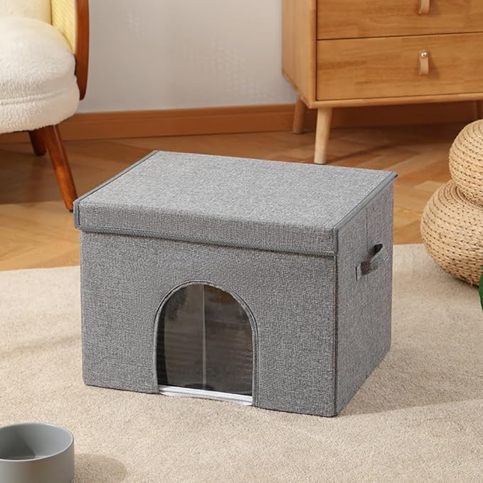 Large Collapsible Coconut Brown Pet House for Indoor Cats and Medium/Small Dogs with Plush Ball Toy – Foldable Living Room Ottoman Cat Condo(Gray)