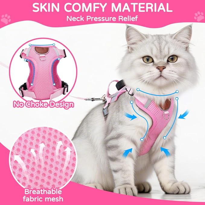 Cat Harness and Leash Set with Holder Compatible with AirTag, Upgraded Escape Proof Kitten Harness Lead for Large Adult Cats, Soft Mesh Jacket Vest for Walking, Reflective & Adjustable, Pink, M