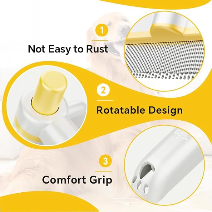 Pet Hair Removal Comb Flea Comb, Multifunctional Cat Brush with Release Button, Grooming Brush Supplies for Detangling Thinning and Shedding, All Hair Types (Yellow)
