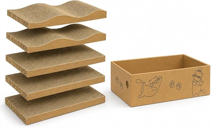5 Packs Cat Scratcher Set with Storage Box, 2 Wave Lounge Pads + 3 Flat Corrugated Cardboard Scratch Pads for Indoor Cats, Replaceable Scratch Boards to Protect Furniture