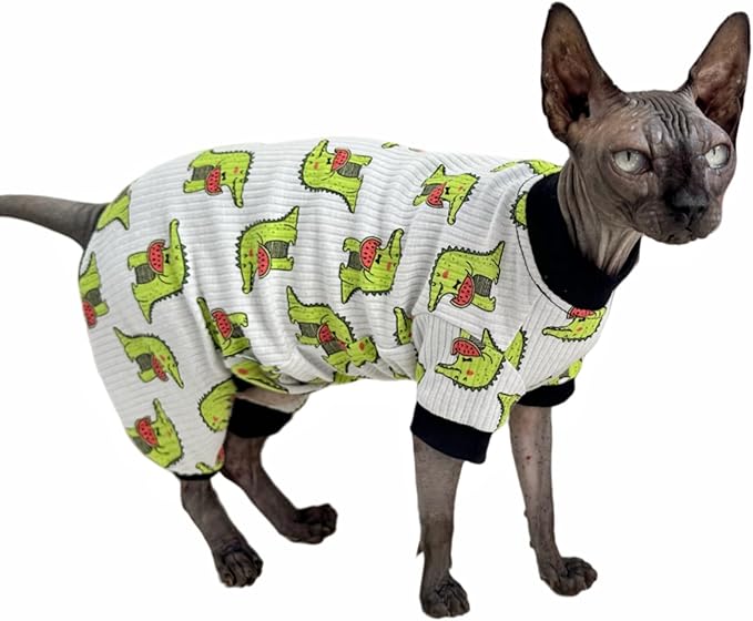 Sphynx Cat Four Leg Cotton Pajamas Elastic Pet Clothes for Hairless Cats Surgery Recovery Suit Undershirt Clothes for Sphynx, Devon, Cornish (Crocodile, XL)