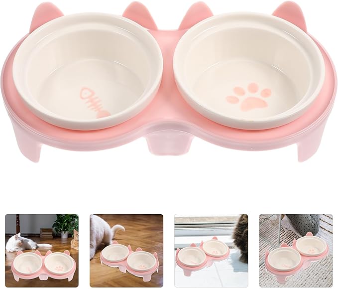 Elevated Ceramic Cat Bowl Set with Thick Pink Dual Bowls and Sturdy Stand, Tilted Design for Neck Support, Reusable Feeding and Watering Accessory for Indoor Cats and Kittens
