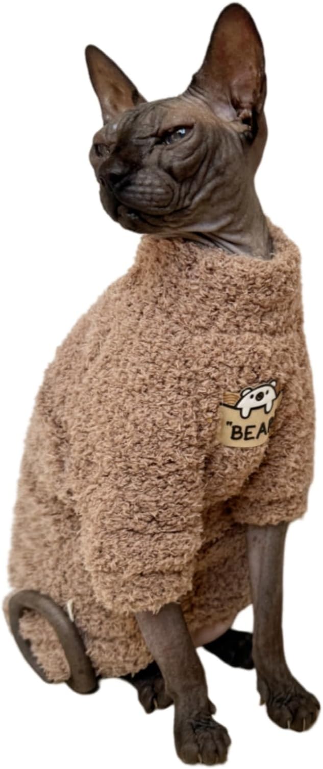 Sphynx Cat Clothes Hairless Cat Super Soft Warm Fleece T Shirt Elastic Winter Sweater Outfit, Pet Clothes for Sphynx Cat Coat for Cats and Small Dogs Apparel (Brown, X-Large)
