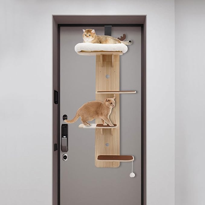 Door Hanging Cat Tree, 4 Tier Vertical Cats Climbing Frame, Door Mounted Cat Tree Tower with Plush Ball, Wooden Cats Climbing Rack for Stair, Foyer, Living Room, Bedroom, Pet Shop