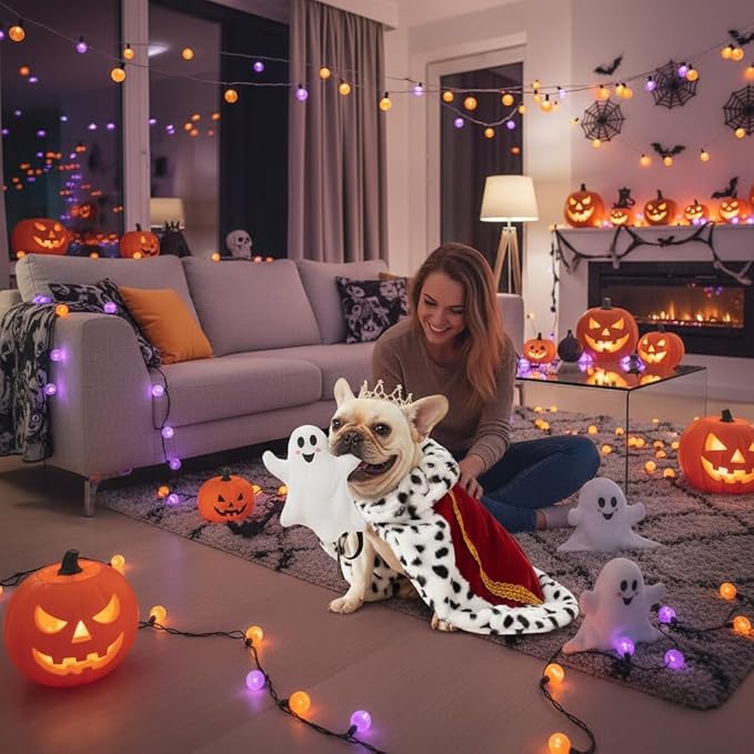Lovelyshop Pet Serial Majestic Dog/Cat Costume Collection with Lux Velvet Cloak and Gold Pearl Crown Set for Halloween,King Queen Prince and Princess Cosplay-M