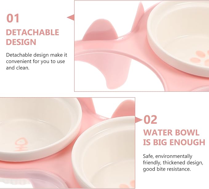 GLEAVI Ceramic Cat Bowl Elevated Double Feeding Bowl Sturdy Pink Non-Slip Stand for Cats Floor Feeding and Watering Supplies