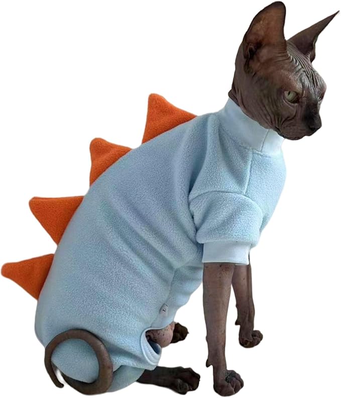 Four Leg Dinosaur Sphynx Cat Clothes Pjamas Hairless Cat Warm Polar Fleece Jumpsuit Elastic Pet Clothes for Sphynx Cat Surgery Recovery Suit Hairless Cat Shirt for Devon, Cornish (SkyBlue, Small)