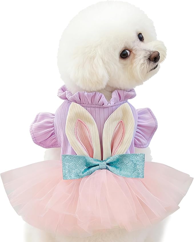 Dog Easter Bunny Ears Dress, Cute Bowknot Cat Tutu, Mesh Skirt for Princess Pet, Cosplay Clothing for Puppy, Kitten Cats, Small and Medium Dogs (X-Small)