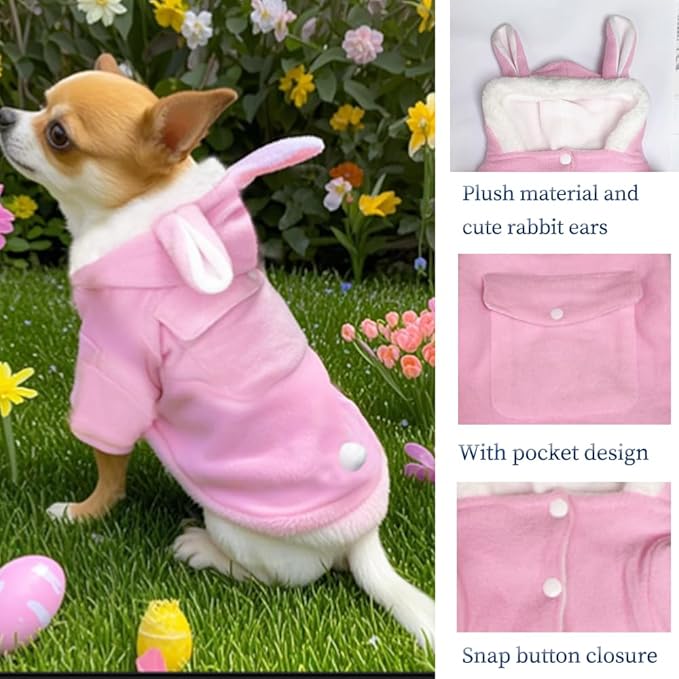 ANIAC Bunny Ears Cat Costume Plush Dog Hoodies with Pocket Sweater Cute Kitten Cat Clothes Warm Rabbit Ears Outfit with Hood for Small Dog Cat and Puppy (Pink-2, Small)