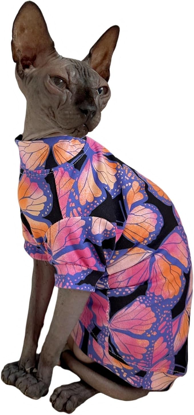 Limited Edition Sphynx Cat T-Shirts Elastic Hairless Cat Sweatshirt Pet Kitten Clothes Round Collar Kitten Shirts Vest Cats & Small Dogs Apparel (Butterfly, XL (10-12 lbs))