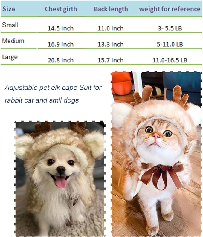 ANIAC Christmas Puppy Reindeer Costume Xmas Dog Elk Cloak with Antlers Cat Santa Cape Christmas Dog Outfit for Small Medium Dog (Large, Brown)