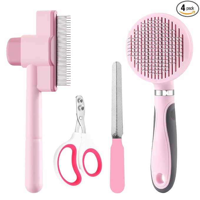 Cat Grooming Kit, 4-in-1 Cat Grooming Tools with Cats Brush, Flea Comb, Nail Clipper & Trimmer - Deshedding & Dematting for Pets Hair and Paws, Pet Shedding Set for Indoor Dogs & Cats (Pink)