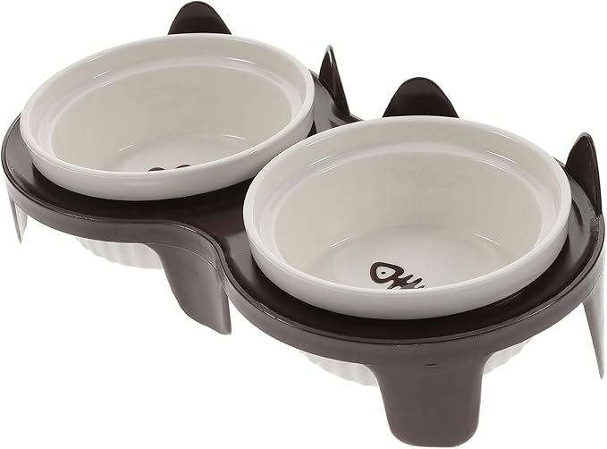 Ceramic Elevated Cat Bowl Set with Thick Double Bowls and Brown Sturdy Stand, Angled Feeding and Watering Dish for Indoor Cats and Kittens