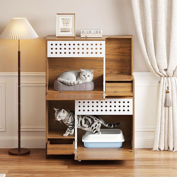 2 in 1 Cat Litter Box Enclosure Furniture, Double Hidden Litter Box Cabinet with Storage Shelf, Space Saving Wooden Cat House End Table for Indoor Use, Brown Natural,Brown