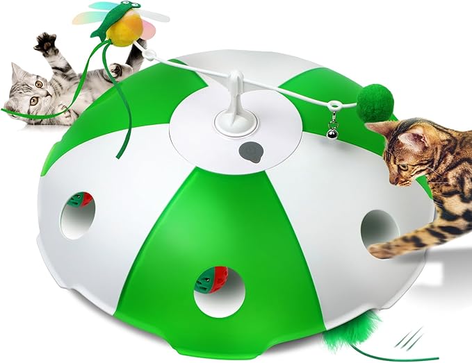 Sofolor Cat Toys Rechargeable, Interactive Cat Toys for Indoor Cats, Touch Activated, Moving Feather, Bird Chirping, 6 Holes Maze Mouse Catching Game
