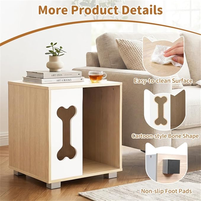 Wooden Cat Dog House Side Table, 2-in-1 Pet Bed Condo with Bone-Shaped Window and 2" Sturdy Metal Legs, Indoor Pet Crate Furniture, Decorative End Table Nightstand for Small Dogs Cats