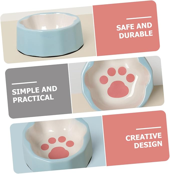 Kichvoe Ceramic Pet Feeder Bowl with Tilted Design, Blue Small Cat and Dog Food Dish, Cute Animal Paw Print Bowl for Indoor Feeding and Watering