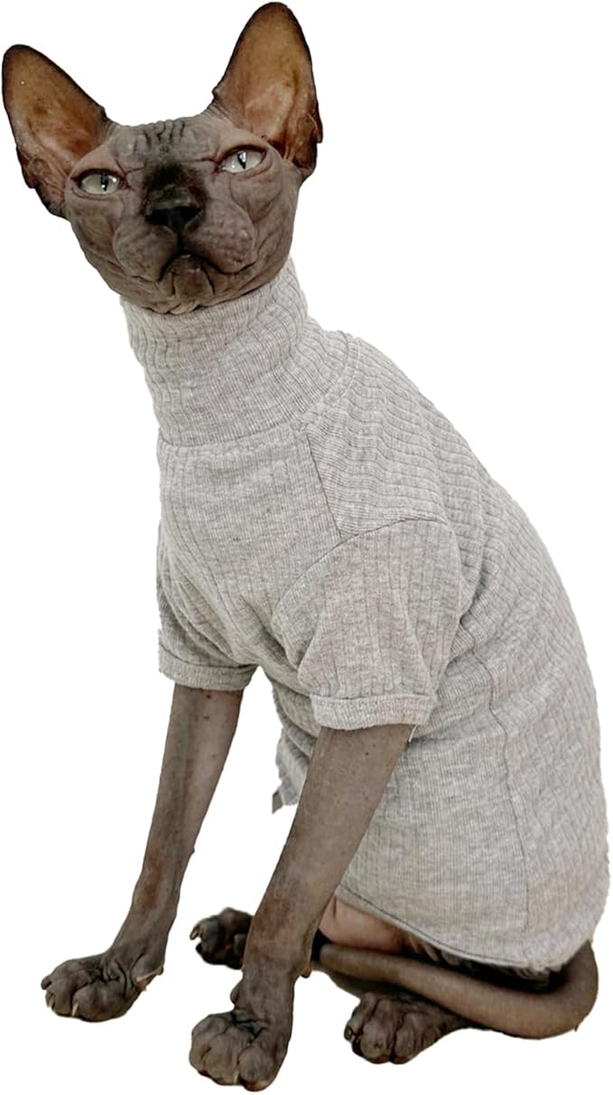 Sphynx Hairless Cats Shirt Cotton Cat Turtleneck Sweater Pullover Kitten T-Shirts with Sleeves Cat Pajamas Jumpsuit for Sphynx Cornish Rex, Devon Rex, Peterbald (XX-Large (Pack of 1), Light Grey)