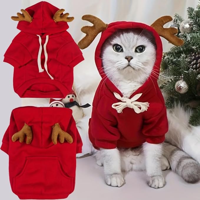 New Christmas Dog Hoodie Elk Pocket Sweater Small and Medium Pet Cat Red Clothes (Elk Pocket Sweater,M)