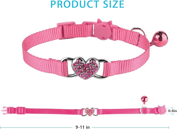 Mtliepte 2 Pcs Cat Collars Heart Bling Breakaway with Bell Nylon Adjustable for Kitty(Black+Pink)