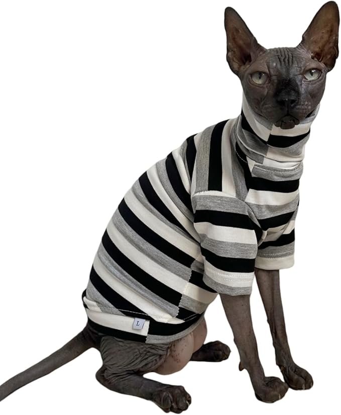 Vintage Stripes Sphynx Hairless Cats Shirt Cotton Cat Turtleneck Pet Clothes Kitten T-Shirts with Sleeves for Sphynx Cats (Black Grey White, Large)