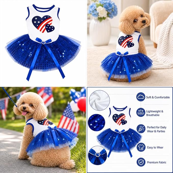 Petitebella USA Twins Heart Puppy Dog Dress (White/Blue Sequins, Large)