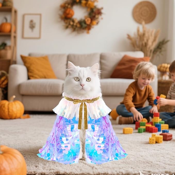 Vellibring 2 Packs Halloween Cat Costumes, Small Funny Sequins Halloween Cat Wizard Cape Adjustable Pet Wizard Cloak for Little Dogs Cats Puppy Halloween Cosplay Party