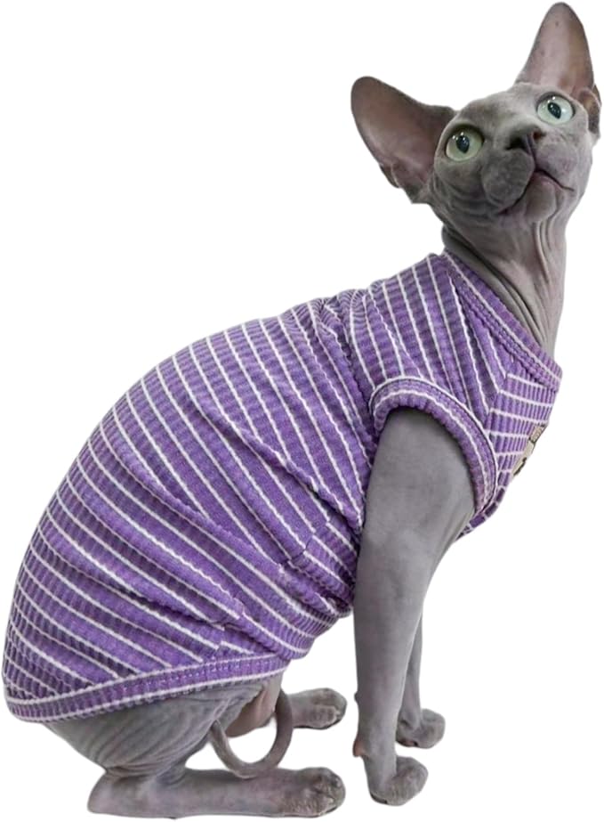 Sphynx Cat Clothes Vest for Hairless Cat, Rib Knit Stripe Cats T-Shirt Apparel, Kitten Summer Cotton Shirts Sleeveless for Cornish Rex, Devon Rex, Peterbald (Purple, M (5.5-7.2 lbs))