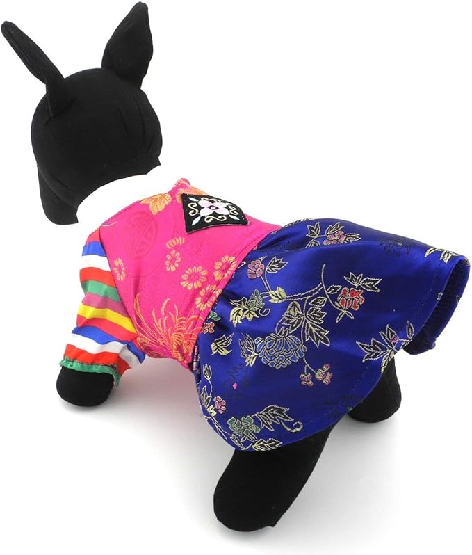Ethnic Dog Costume Korean Traditional Knot Pendant Norigae Hanbok Embroidery Silk Pet Clothes Outfit Color Dress for Small Puppies Large Cat Apparel Birthday Party Festival Celebration Girl M