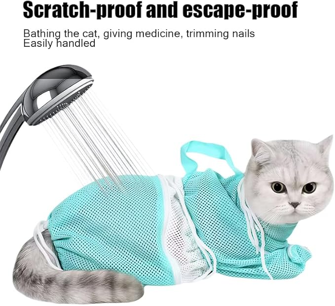 Cat Bathing Bag, Mesh Pet Grooming Restraint Bag for Washing, Nail Trimming, (Green)