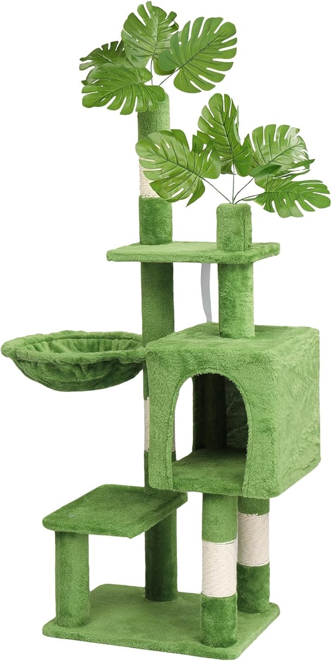 48in High Cat Tree Tower, Cat Tower for Indoor Cats, Include Condo, Hammock, Sisal Scratching Posts, Plush Fabric Wrapped, Tropical Style, Multi-Level Activity Center for Small and Medium Cats, Green