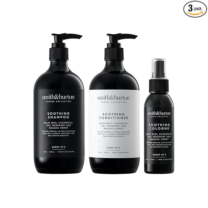 smith&burton Soothing Lustre Set - Shampoo, Conditioner, Cologne Spray for Dogs & Cats, Calming Grooming System for Sensitive Skin, Puppies to Seniors, Hairless Breeds, Greasy Coats, 16.9 Fl oz