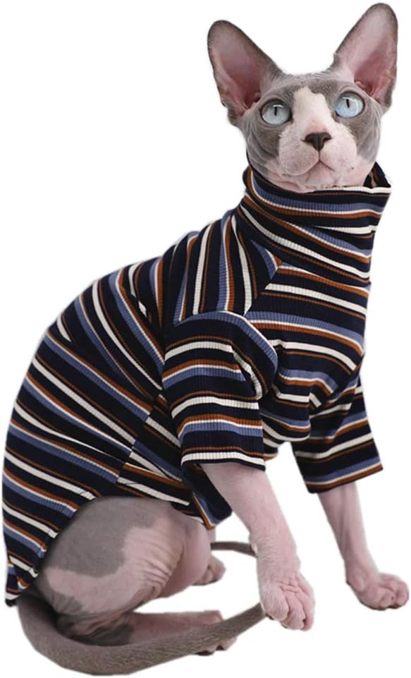 Turtle Neck Vintage Stripes Sphynx Hairless Cat Cotton T-Shirts Pet Clothes Vest Kitten Shirts Sleeveless, Cats & Small Dogs Apparel (Vintage Deep Blue, XL (9-12.5 lbs))