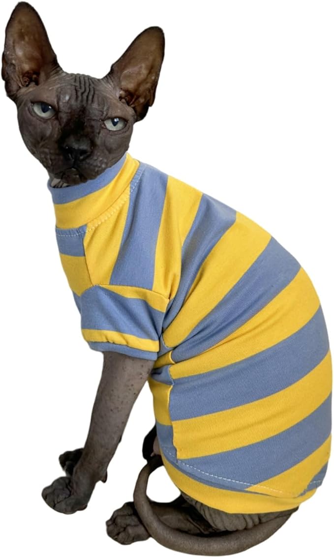 Sphynx Cat Clothes Shirts for Hairless Cat, Wide Stripe Cats Apparel, Kitten Summer Cotton T-Shirts with Sleeves for Cornish Rex, Devon Rex, Peterbald (Blue & Yellow, Medium)