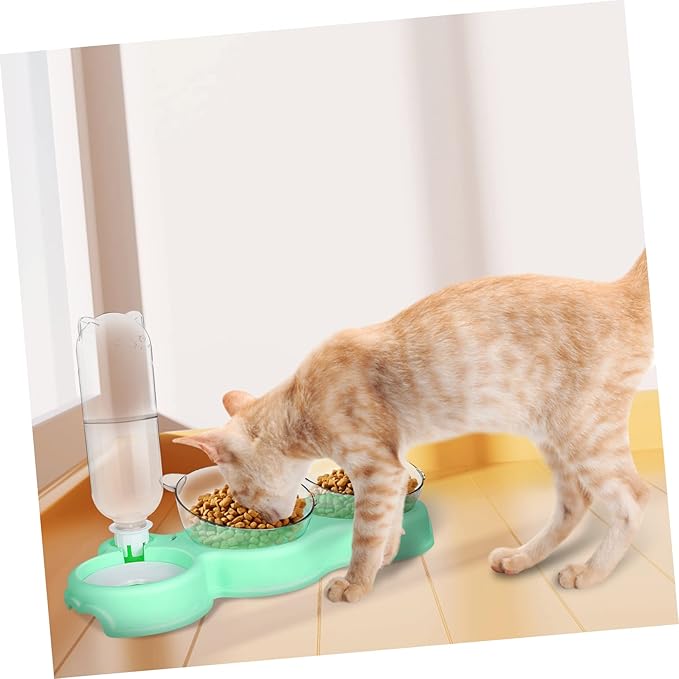 BESTonZON 3-in-1 Multifunctional PET Bowls for Food and Water Double Plastic Bowls with Automatic Water Bottle Feeding Solution for Small Cats and Dogs
