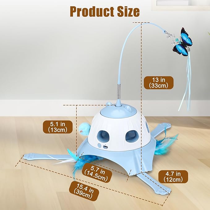 AIPERRO 3-in-1 Automatic Cat Toys for Indoor Cats, Fluttering Butterfly, Whack a Mole, Rotating Feather Wand, USB Rechargeable Interactive Feather Toys for Multi-cat Family (Blue)