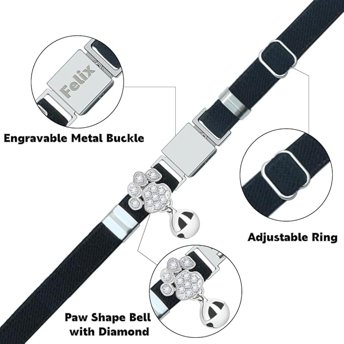 Personalized Safety Elastic Cat Collars with Bell,Laser Customized Stretch Kitten Collars for Girls Boys Cats-Black